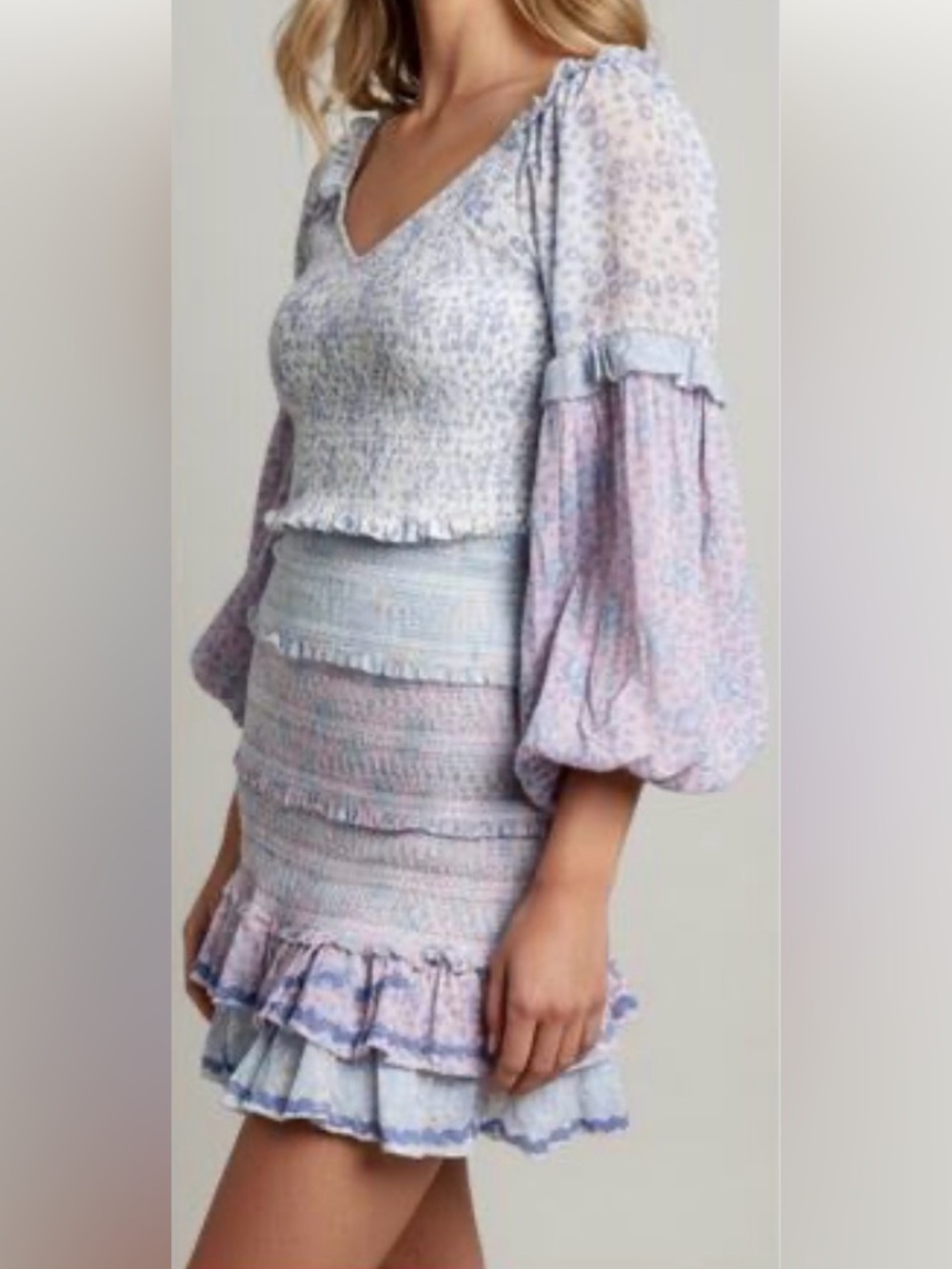 Floral Smocked Mini Dress Cottagecore Puff Sleeve Coquette M